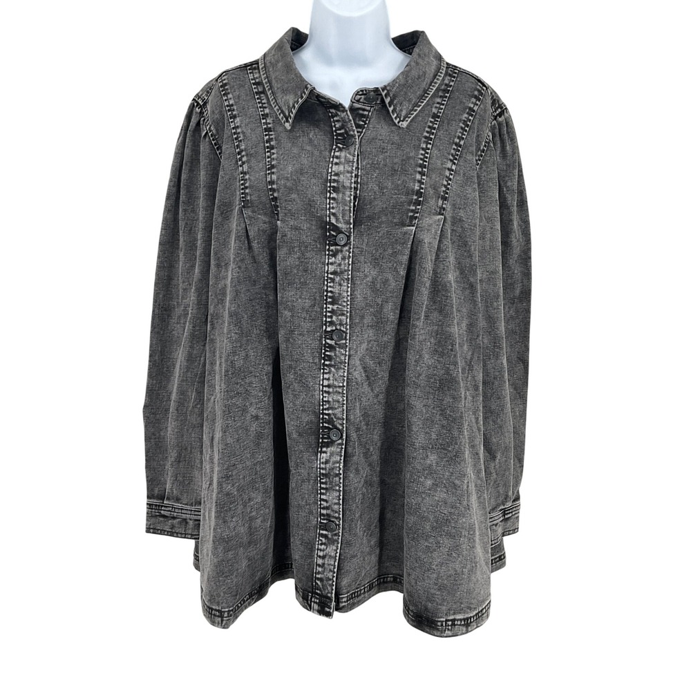LOGO Lori Goldstein Denim Jacket Women 2X Grey Cotton Acid Wash Pleated Boho NEW
